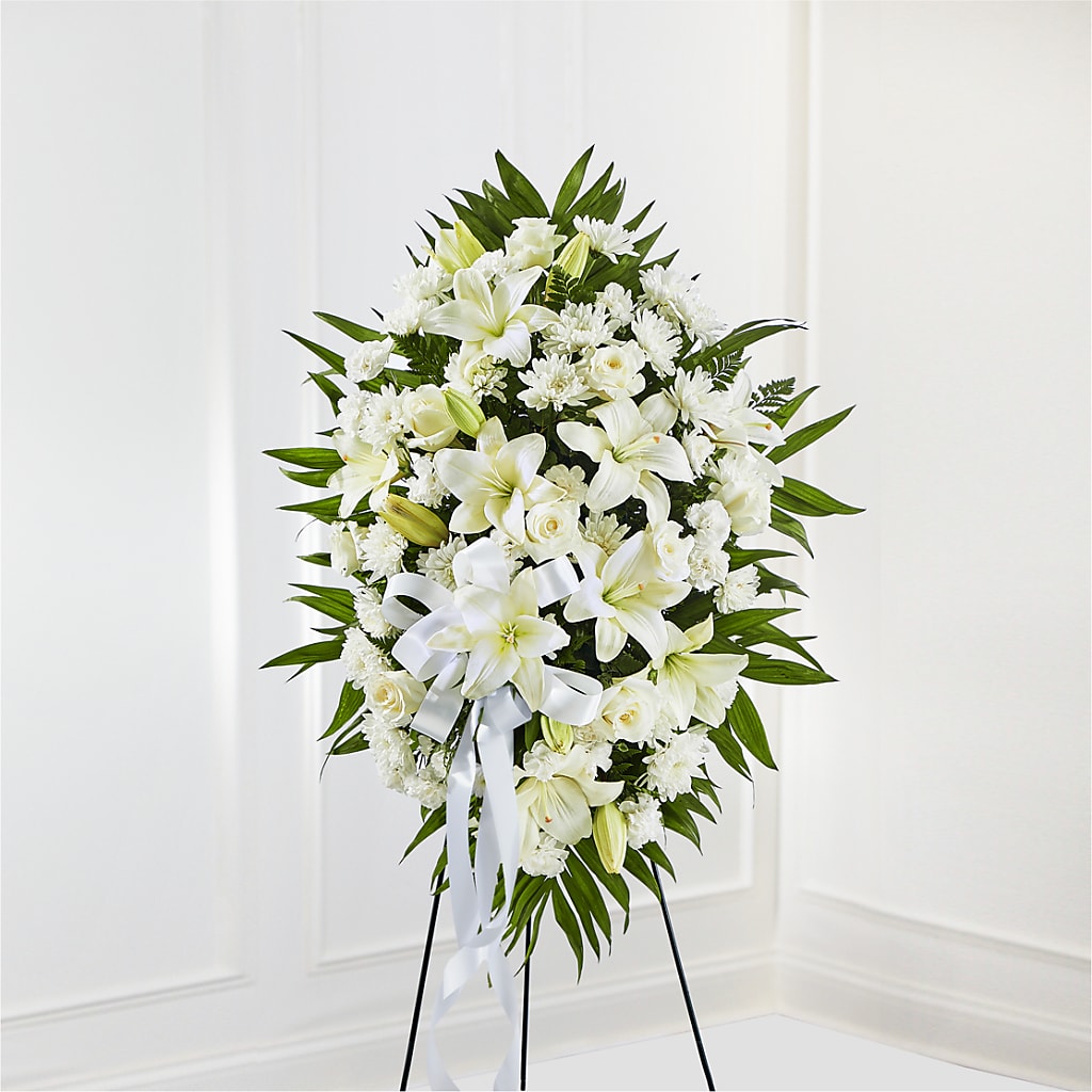 Exquisite Tribute Standing Spray-White Ribbon – Maple Ridge Florist, Maple Ridge BC