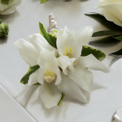 White Mini Cymbidium Boutonniere –  Maple Ridge Florist, Maple Ridge BC